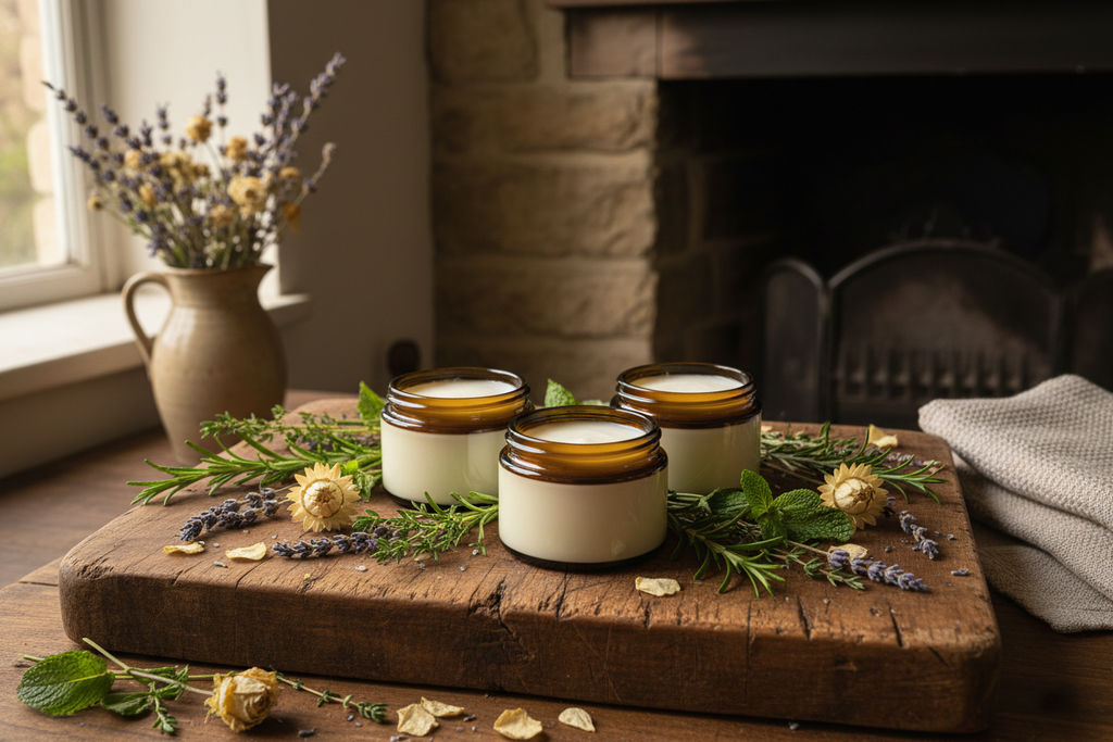 3 amber glass jars filled with white wax for the body on a wooden chopping broad in a rustic kitchen with fresh greens and dried flowers in the chopping broad