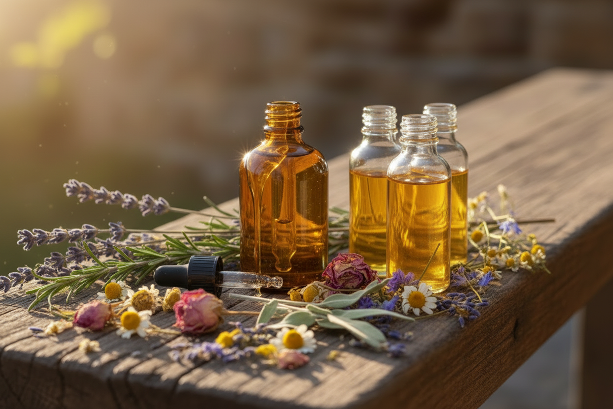 add dried herbs and flowers to the bench for decoration 