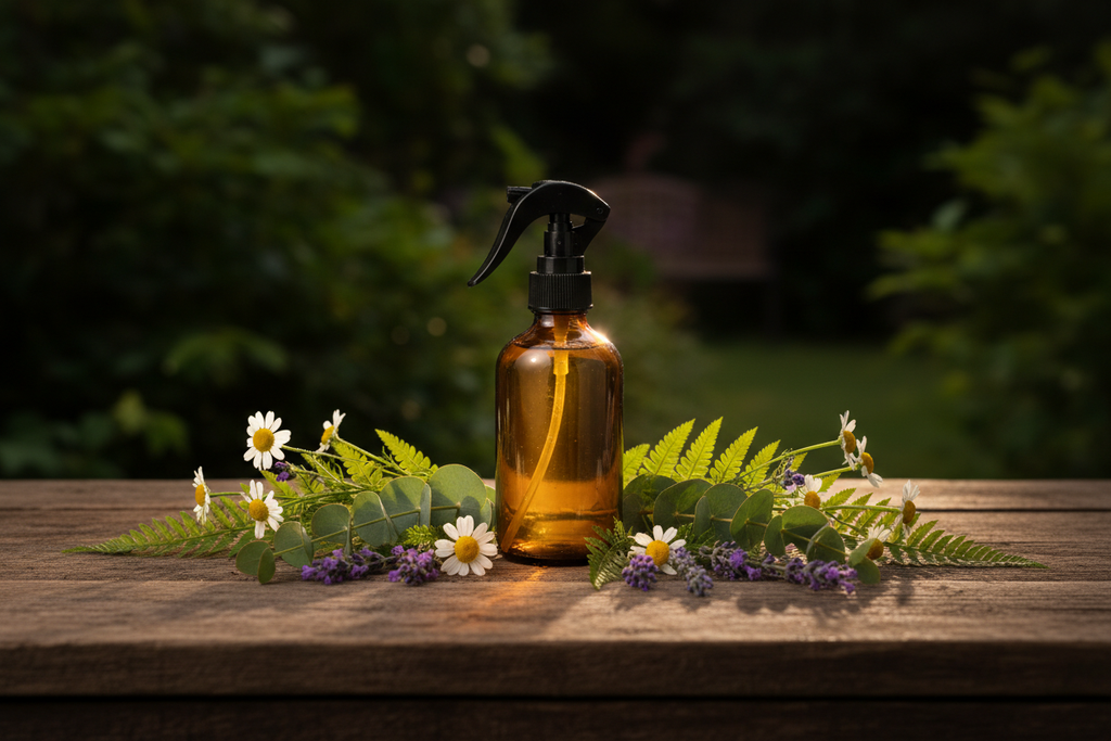 amber spray bottle with fresh greens and flowers on a table at night 