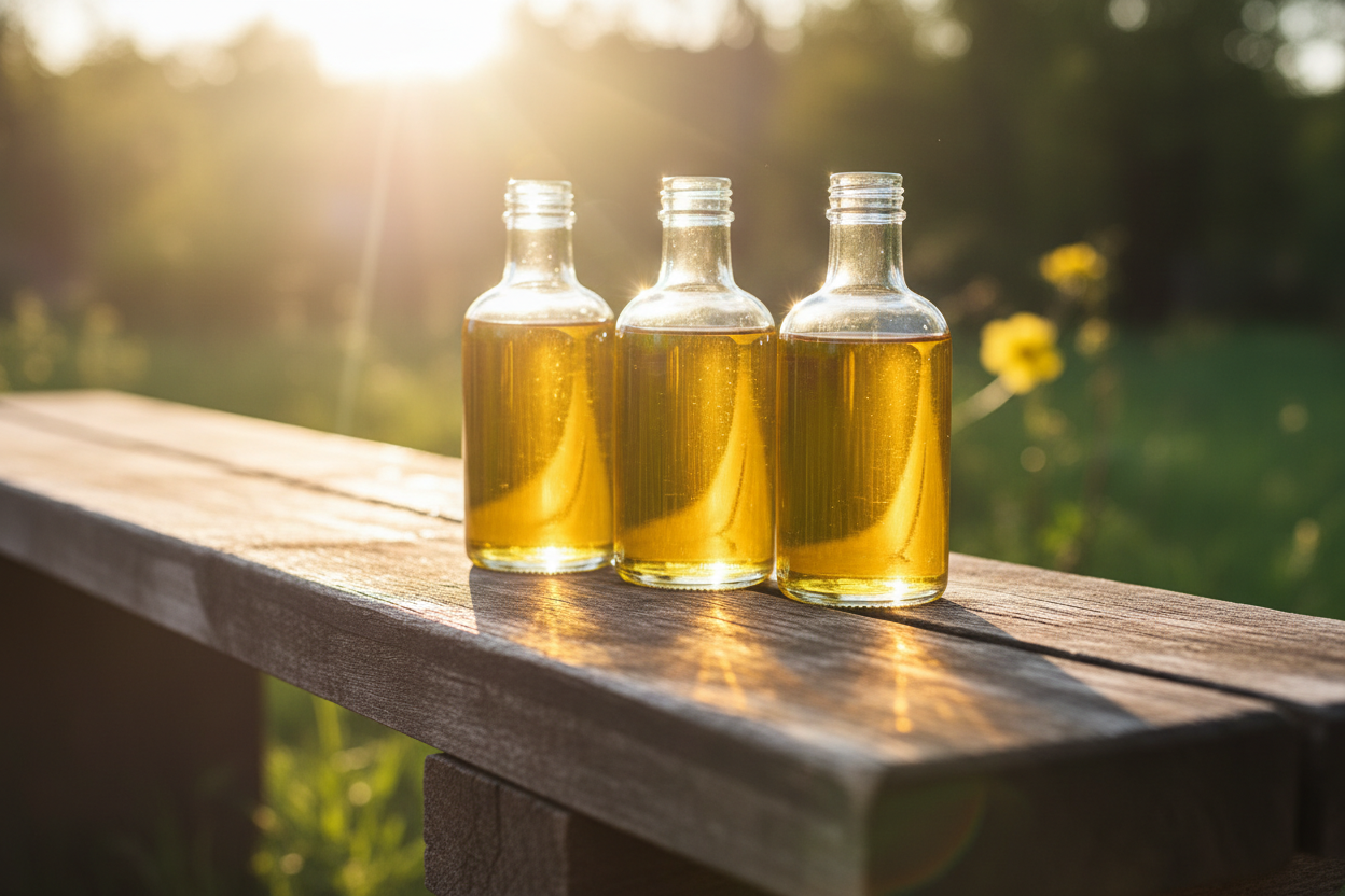 on a bench outside in the sun 3 glass clear bottles filled with oil 