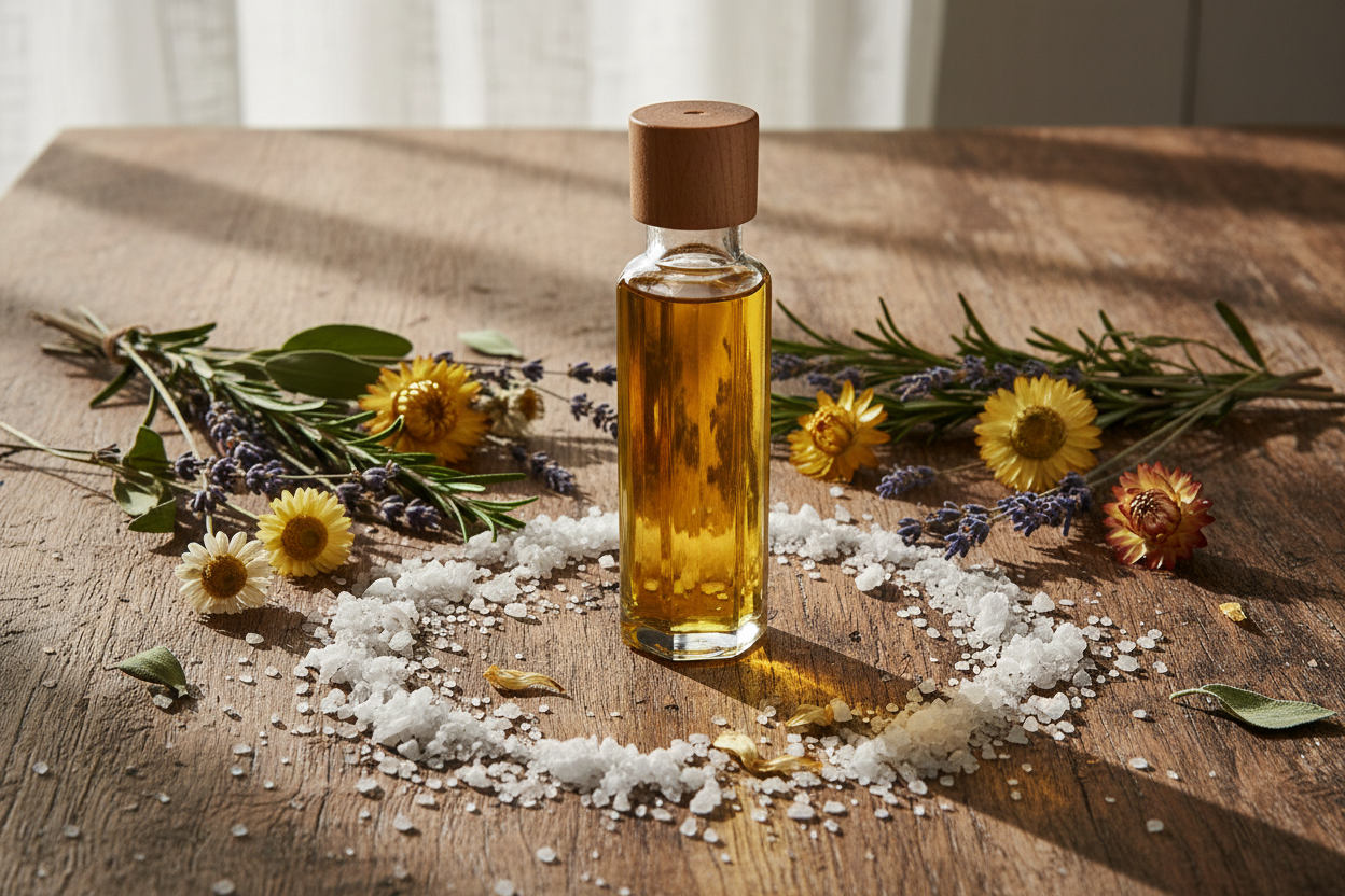 on a wooden table have dead sea salt dried herbs and flowers in the table with a tall glass filled with oil