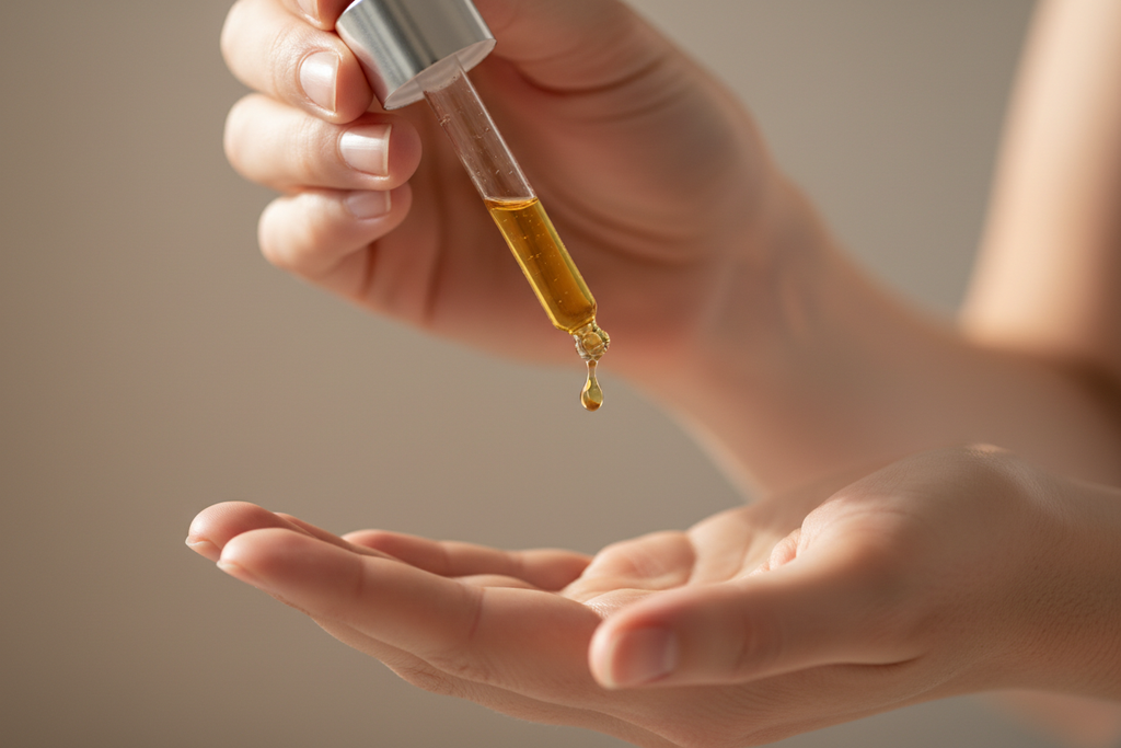 person using a dripper filled with oil.. dripping the oil in the hand ( no face)