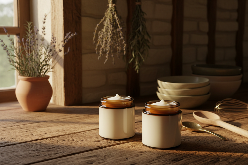 start over.. two amber jars filled with white body balm in a rustic kitchen