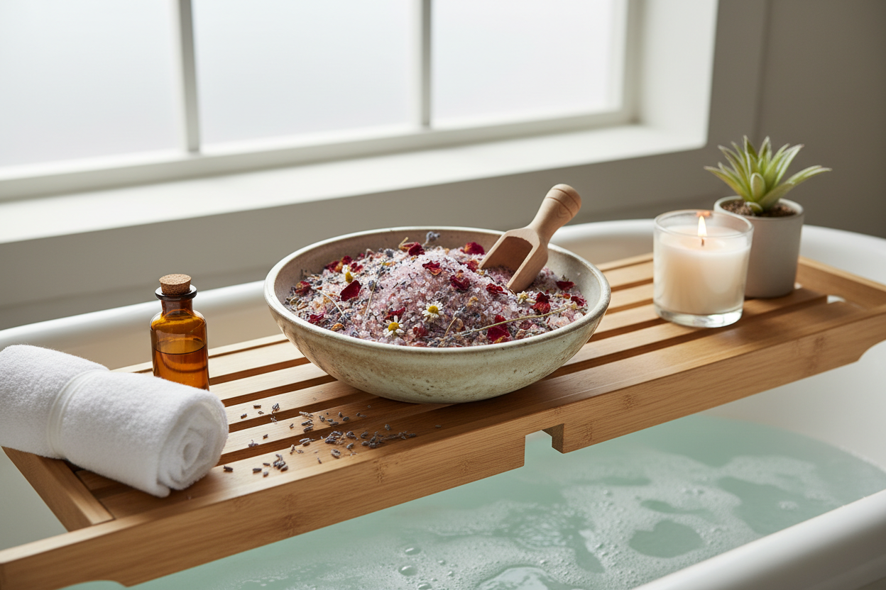 table over a bath, baths salts with dries herbs and flowers inside a bowl 